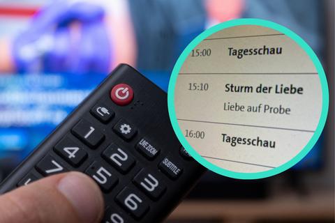 Eine Fernbedienung vor einem Fernseher, dazu ein Bild des ARD-Programms. (Bildcollage) Die ARD hat angekündigt, ihr Nachmittags-Programm ändern zu wollen. Nach "Sturm der Liebe" soll um 16:00 Uhr eine neue Serie laufen. 